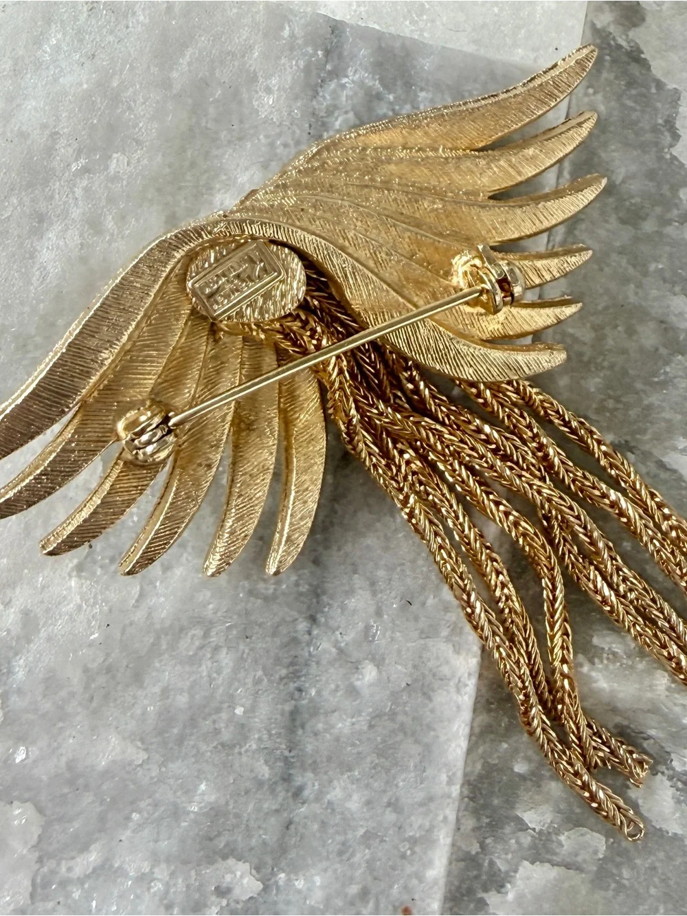 Vintage Signed Kramer of New York Winged-Feather and Chain Brooch